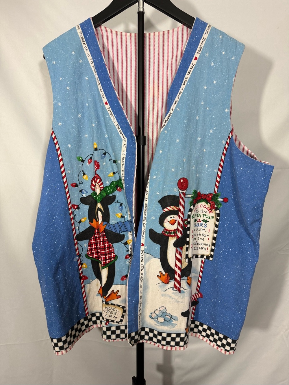 Vintage Christmas Penguin North Pole Patchwork Fabric Vest Holiday XL